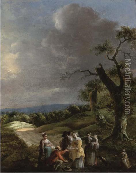 A Wooded Landscape With A Man Selling A Dove To A Lady On Apath Oil Painting - Jan Baptist Wolfaerts