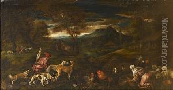An Extensive River Landscape 
With A Huntsman And His Dogs, A Washerwoman With Chickens, Sheep And 
Goats Nearby Oil Painting - Jacopo Bassano (Jacopo da Ponte)