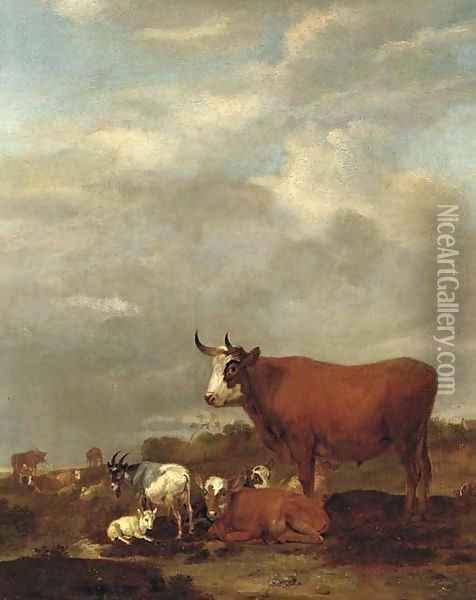 A landscape with cows and goats Oil Painting - Albert-Jansz. Klomp