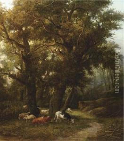 Cattle In A Forest Oil Painting - Willem Bodemann