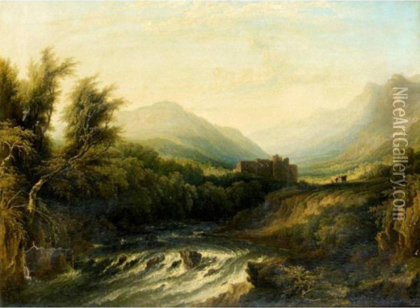 River Landscape With Cattle And Ruin Beyond Oil Painting - Horatio McCulloch