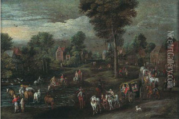 Vue D'un Village Flamand Pres D'une Riviere, Animee De Paysans Et De Carrioles Oil Painting - Joseph van Bredael