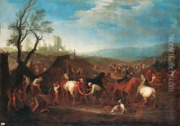 A military encampment with a blacksmith and farriers in an extensive landscape Oil Painting - Jan Peeter Verdussen