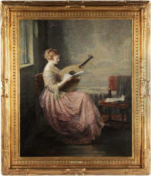 Woman With A Lute Oil Painting - William Jacob Baer