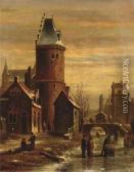 A Town In Winter Oil Painting - Oene Romkes De Jongh