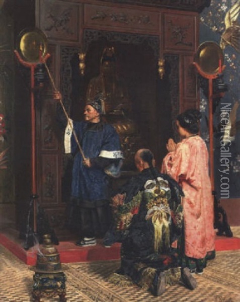 Figures Beside A Chinese Shrine Oil Painting - Rudolf Ernst