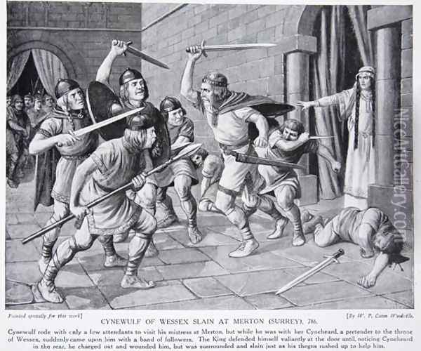 Cynewulf of Wessex Slain at Merton (Surrey), 786 AD, illustration from Hutchinsons Story of the British Nation, c.1920 Oil Painting - Richard Caton Woodville