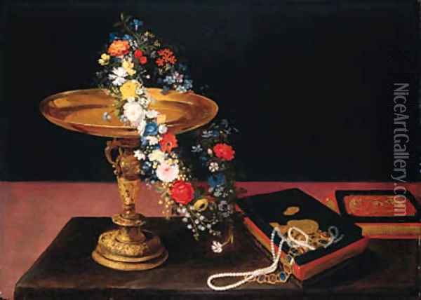 A garland of mixed flowers around a silver gilt tazza and a casket on a table Oil Painting - Jan Brueghel the Younger