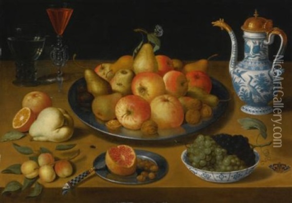 Still Life Of Pears And Apples On A Pewter Plate, A Bowl Of Grapes In A Blue And White Porcelain Bowl, A Roemer, A Facon-de-venise Wine Glass, A Covered Blue And White Porcelain Pitcher And Other Objects, All On A Table Oil Painting - Lucas Luce