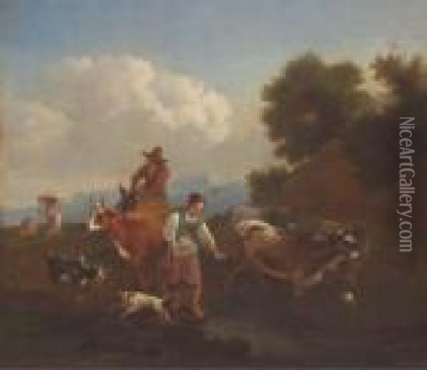 Paysans Et Leur Troupeau Traversant Un Gue Oil Painting - Nicolaes Berchem