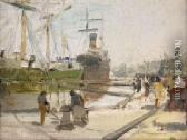 Shipping In A Busy Dock Oil Painting - James Kay