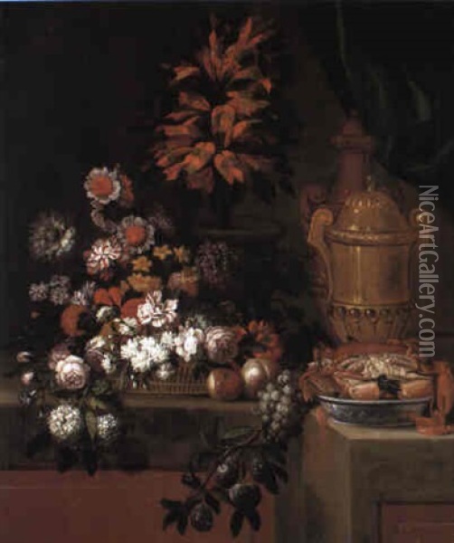 Still Life Of Fruit, Flowers, Crabs, Urn Oil Painting - Pierre Nicolas Huilliot
