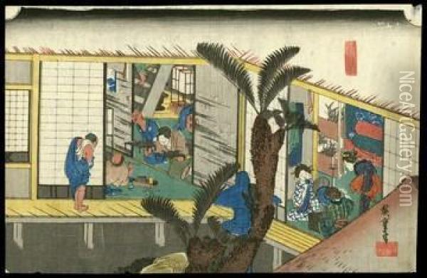 Travelers And Hostesses At An Inn At Akasaka Oil Painting - Utagawa or Ando Hiroshige