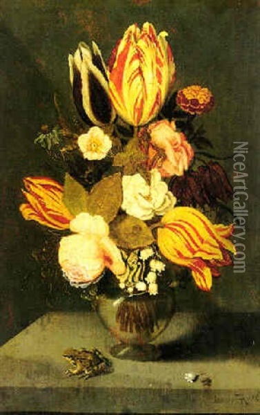 Still Life With Flowers In A Globose Glass Vase With A Toad, All On A Ledge Oil Painting - Ambrosius Bosschaert the Younger