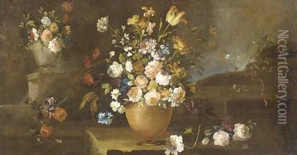 Roses, parrot tulips, daffodils, carnations and other flowers in urns on a ledge Oil Painting - Giuseppe Lavagna