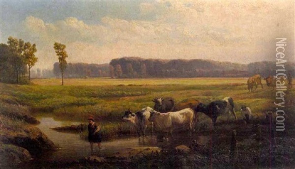 Anvers, Landscape With Cattle Watering Oil Painting - Louis Derickx
