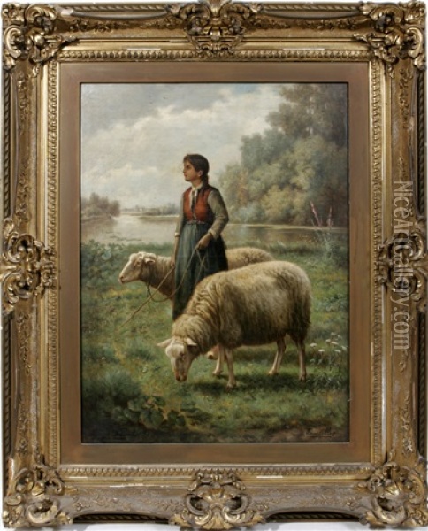 Shepherdess With Two Sheep Oil Painting - Henri De Beul