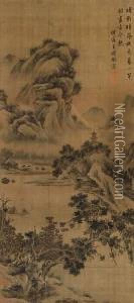 Mountainous Landscape With Pagoda Oil Painting - Wang Shimin
