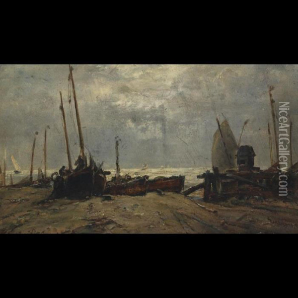 Boats Ashore Eastbourne Oil Painting - Edwin Hayes