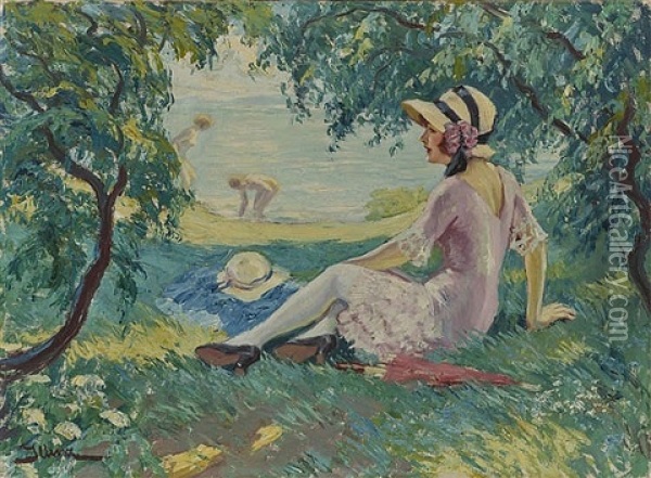 Lady At The Lake Oil Painting - Leopold Illenz