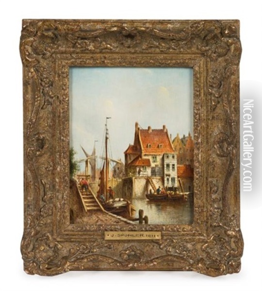 Canal Scenes (2 Works) Oil Painting - Jan Jacob Spohler