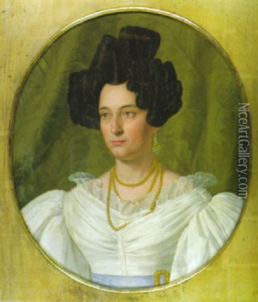 Brustportrait Einer Jungen Frau In Weiss Vor Grunem Damastvorhang Oil Painting - Ludwig Heine