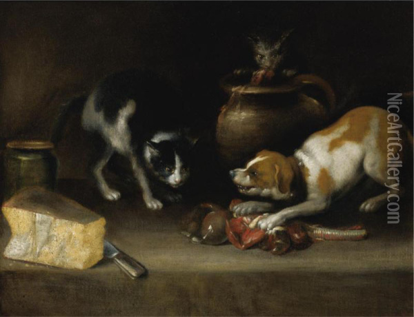 A Dog And A Cat Fighting For Meat Oil Painting - Alejandro De Loarte