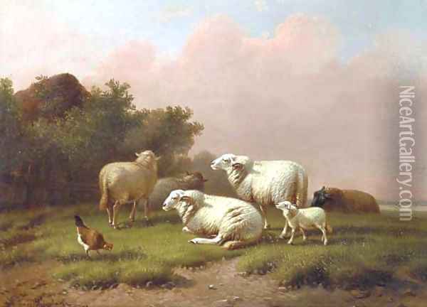Sheep in a meadow at sunset Oil Painting - Joseph Van Dieghem