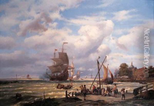 A V.o.c. Merchantship In The Roads Of Dordrecht With Numerousfigures On A Quay Oil Painting - Johannes Hermann Barend Koekkoek