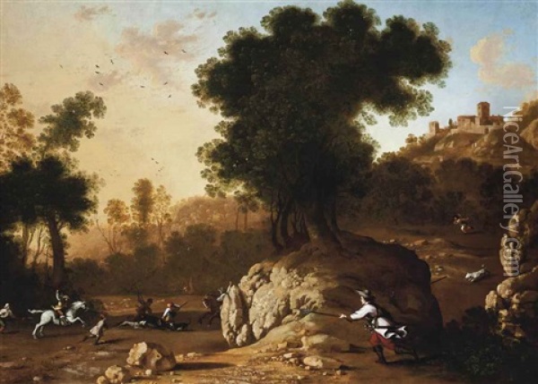 A Rocky Landscape With Hunters Attacking A Boar, A Hilltop Town Beyond Oil Painting - Francisco Collantes