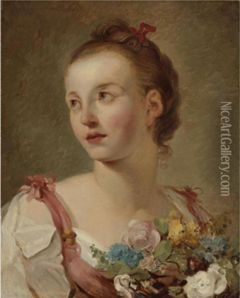 A Young Girl With Flowers Oil Painting - Hugues Taraval
