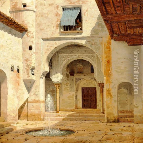 View Of A Courtyard In Alhambra Oil Painting - Heinrich Hansen