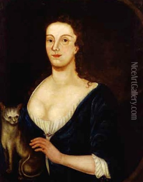 Portrait Of A Lady In Blue With Her Cat Oil Painting - John Greenwood