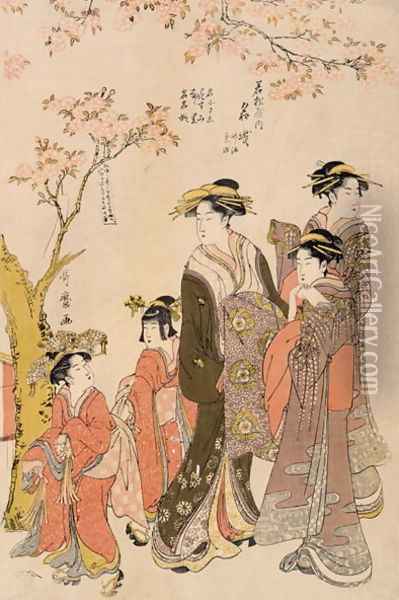 Courtesans strolling beneath cherry trees, c.1789 Oil Painting - Kitagawa Utamaro