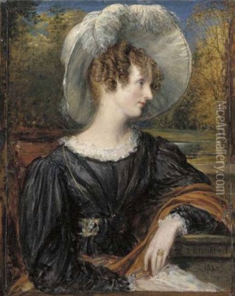 Portrait Of Mrs. Henry Stephen In A Black Dress And Feathered White Hat, In A Landscape Oil Painting - John Linnell