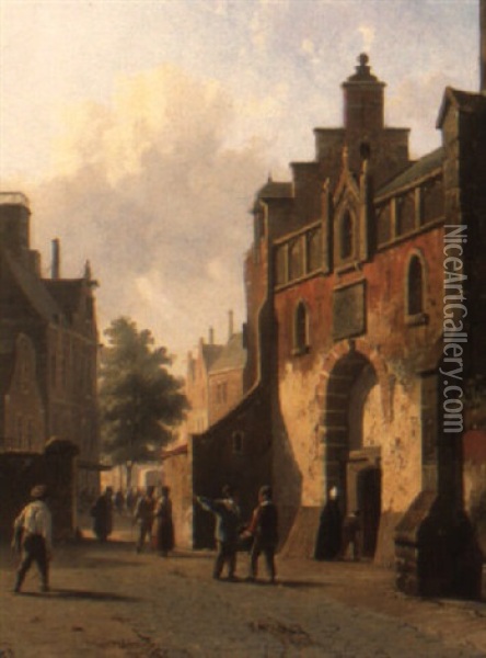 Villagers On A Town Square Oil Painting - Adrianus Eversen