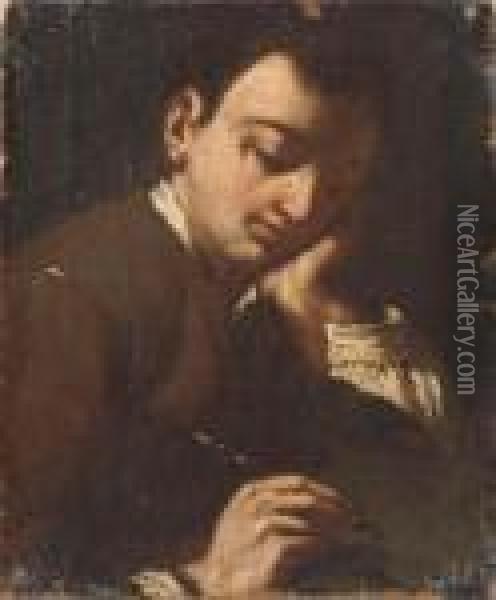 A Boy Writing; And A Girl Sewing Oil Painting - Antonio Amorosi