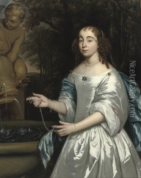 Portrait Of Margaretha De Ruyterthree-quarter-length, In A White Satin Dress With A Blue Wrap, A String Of Pearls In Her Hand, Standing In A Park Landscape Near A Fountain Oil Painting - Jan Mytens