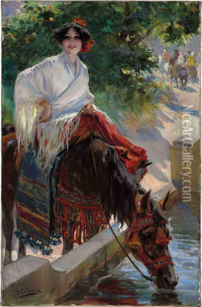 Watering The Horse Oil Painting - Ulpiano Checa y Sanz