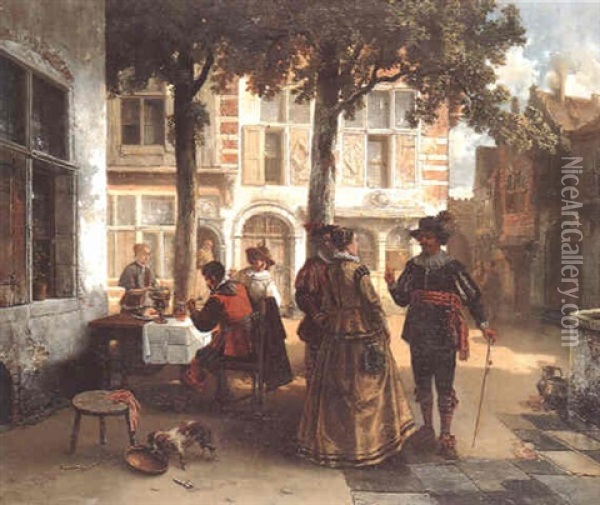 Figures Conversing Outside An Inn Oil Painting - Louis Tielemans