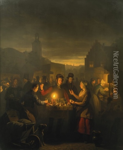 The Noordermarkt By Night, Amsterdam Oil Painting - Petrus van Schendel