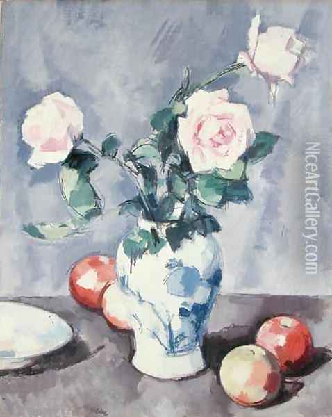 Still Life of Roses in a Blue and White Vase Oil Painting - Samuel John Peploe