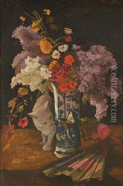 Composition Au Vase Fleuri Et Chat Oil Painting - Camille Van Camp