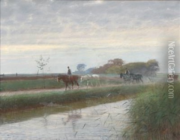 The Horses Are Brought Home Oil Painting - Frants Peter Didrik Henningsen