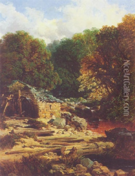 An Angler By A Watermill Oil Painting - Edmund John Niemann