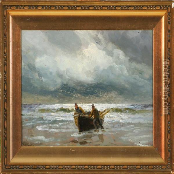 A Lifeboat Being Towed Ashore Oil Painting - Holger Peter Svane Lubbers
