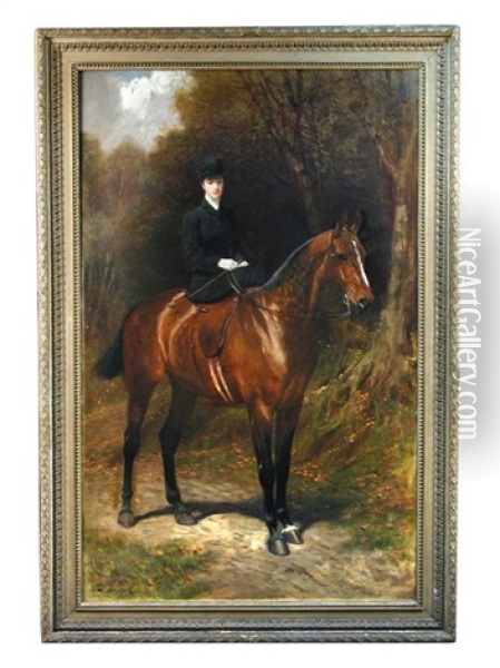 Portrait Of Miss Muriel Milly Mitchell Courage (1879-1961), Aged 19, On Her Bay Hunter, Jemima, In The Grounds Of Snowdenham Hall, Bramley, Surrey Oil Painting - John Charlton