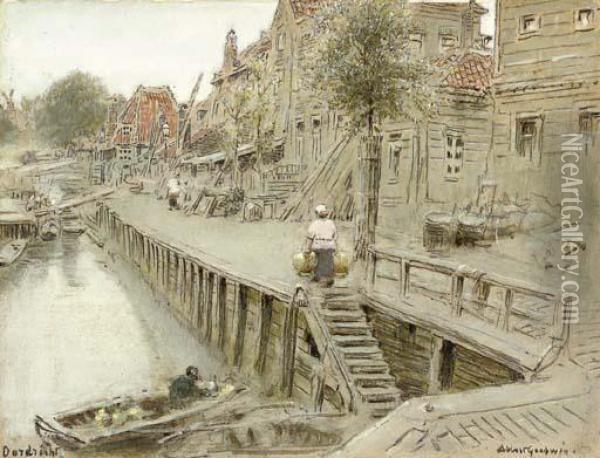 A Canal Scene, Dordrecht, Holland Oil Painting - Albert Goodwin
