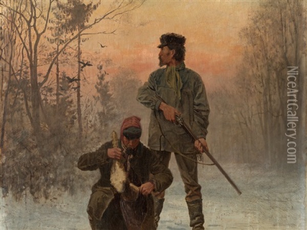 Hunters In The Snow Oil Painting - Fritz Von Kleudgen