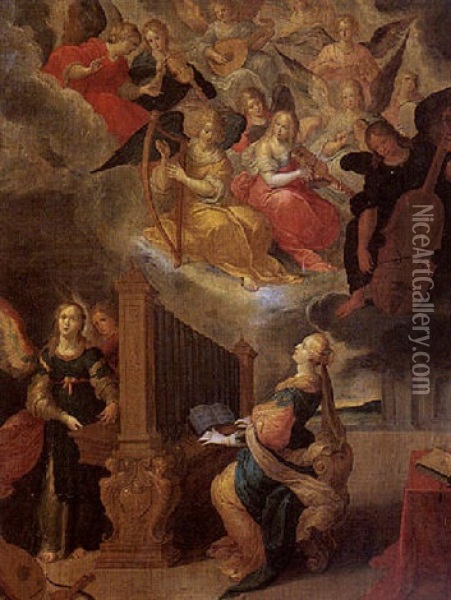 Saint Celilia Playing An Organ, An Orchestra Of Angels Above Oil Painting - Cornelis de Baellieur the Elder